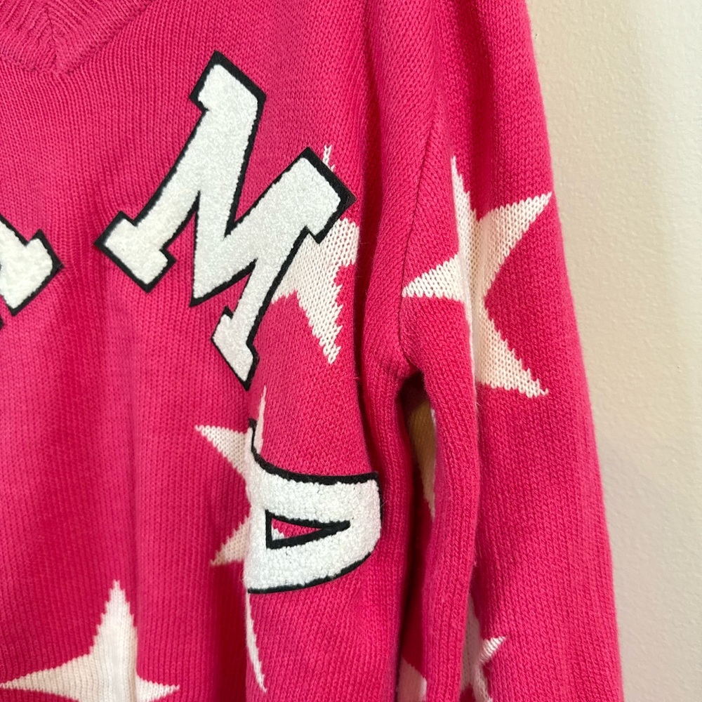 Judith March • Hot Pink MAMA Chenille Patch Star Varsity Oversized Sweater Sz M - Picture 3 of 9